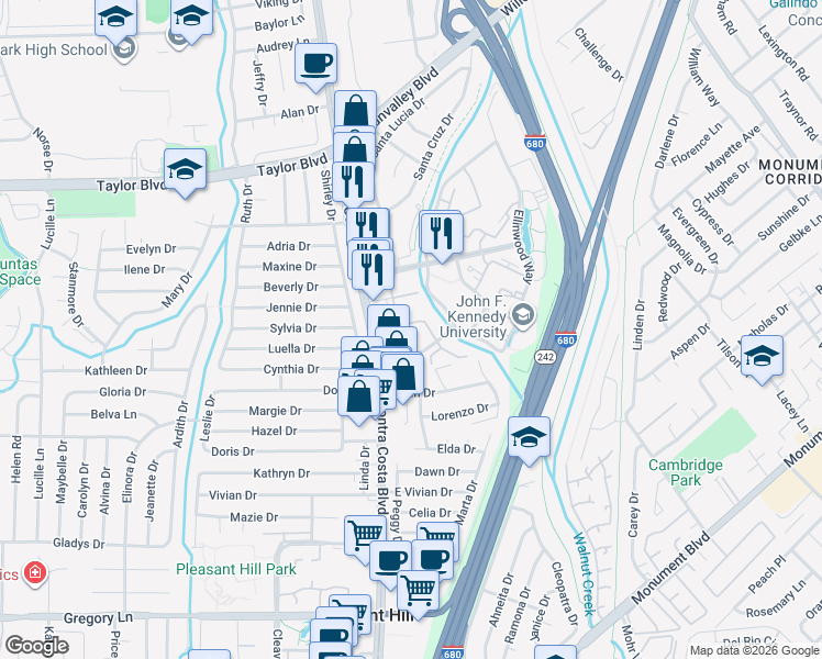 map of restaurants, bars, coffee shops, grocery stores, and more near 1400 Contra Costa Boulevard in Pleasant Hill