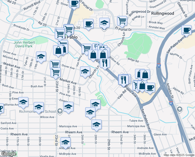 map of restaurants, bars, coffee shops, grocery stores, and more near 2842 Chattleton Lane in San Pablo