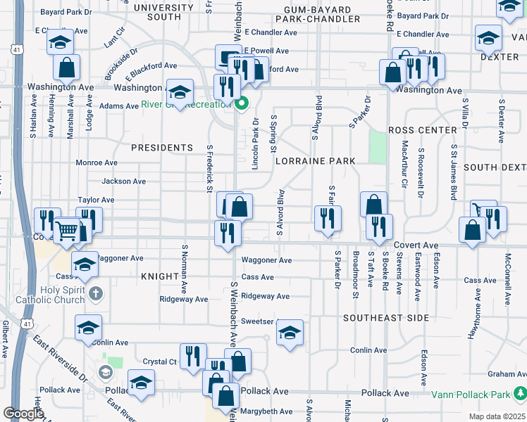 map of restaurants, bars, coffee shops, grocery stores, and more near 2031 Taylor Avenue in Evansville