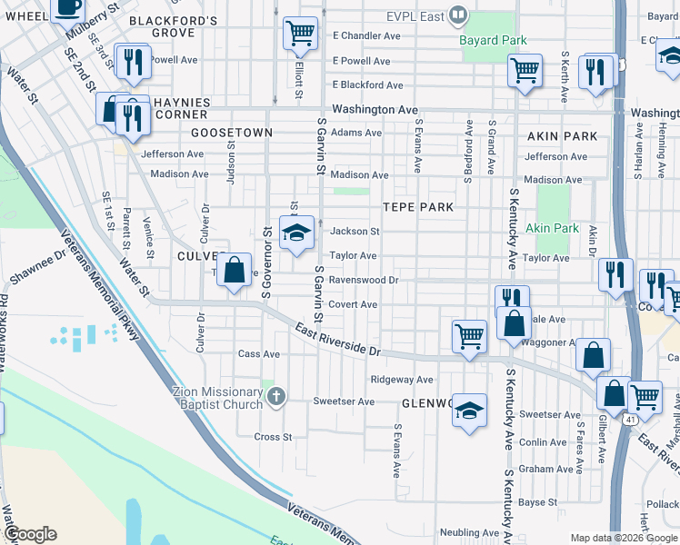 map of restaurants, bars, coffee shops, grocery stores, and more near 610 Taylor Avenue in Evansville