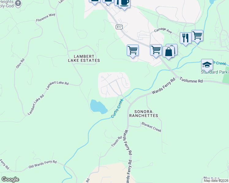 map of restaurants, bars, coffee shops, grocery stores, and more near Shady Oaks Dr in Sonora