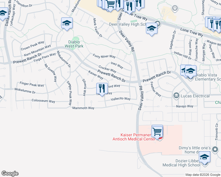 map of restaurants, bars, coffee shops, grocery stores, and more near 2473 Sparrow Court in Antioch