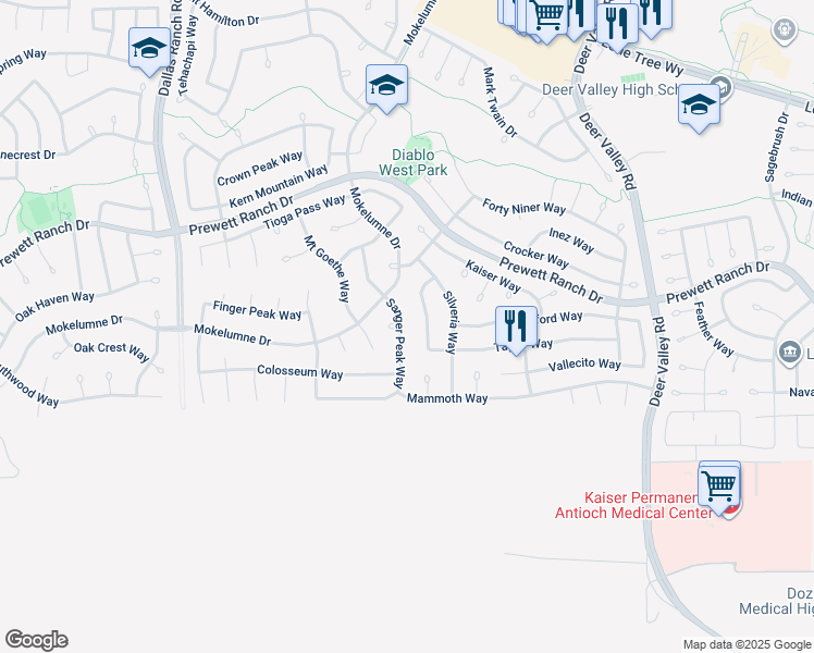 map of restaurants, bars, coffee shops, grocery stores, and more near 1807 Sanger Peak Way in Antioch