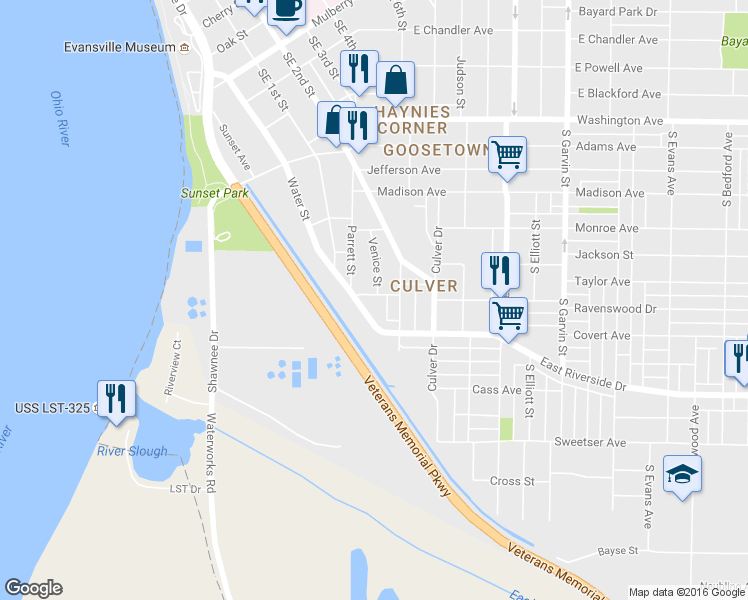 map of restaurants, bars, coffee shops, grocery stores, and more near 49 Taylor Avenue in Evansville