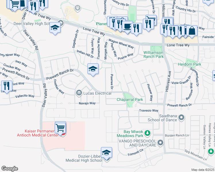 map of restaurants, bars, coffee shops, grocery stores, and more near 5179 Grass Valley Way in Antioch