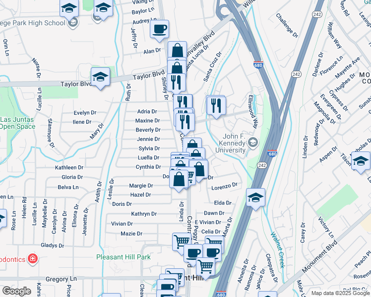 map of restaurants, bars, coffee shops, grocery stores, and more near 1464 Contra Costa Boulevard in Pleasant Hill
