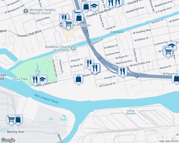 map of restaurants, bars, coffee shops, grocery stores, and more near 2708 Louis Court in Stockton