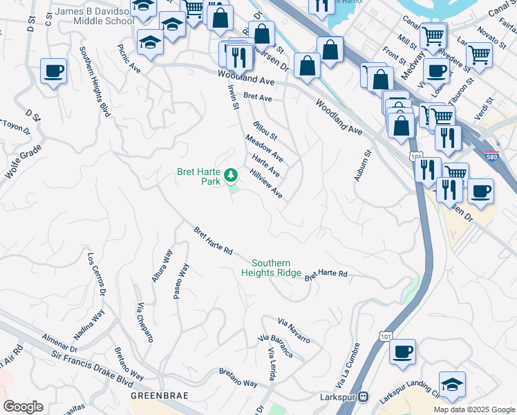 map of restaurants, bars, coffee shops, grocery stores, and more near 54 Hillview Avenue in San Rafael