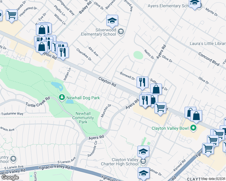 map of restaurants, bars, coffee shops, grocery stores, and more near 5025 Valley Crest Drive in Concord