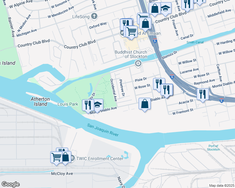 map of restaurants, bars, coffee shops, grocery stores, and more near 1220 Occidental Avenue in Stockton