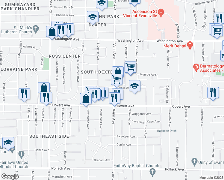 map of restaurants, bars, coffee shops, grocery stores, and more near 1505 Vann Avenue in Evansville