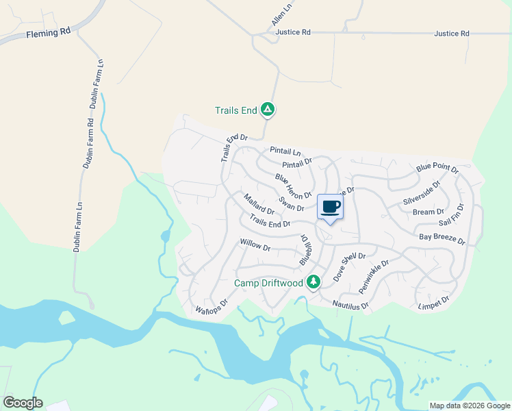 map of restaurants, bars, coffee shops, grocery stores, and more near Mallard Drive in Horntown