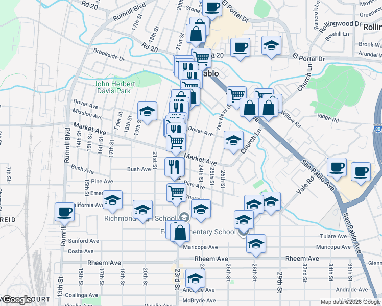 map of restaurants, bars, coffee shops, grocery stores, and more near 2341 Market Avenue in San Pablo