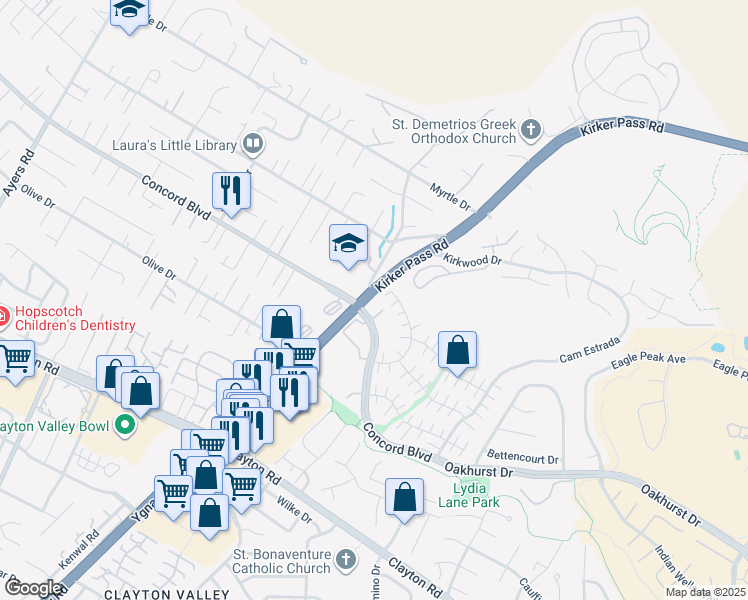 map of restaurants, bars, coffee shops, grocery stores, and more near 5425 Concord Boulevard in Concord