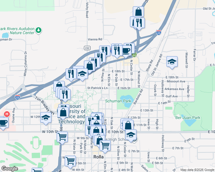 map of restaurants, bars, coffee shops, grocery stores, and more near 100 East 17th Street in Rolla