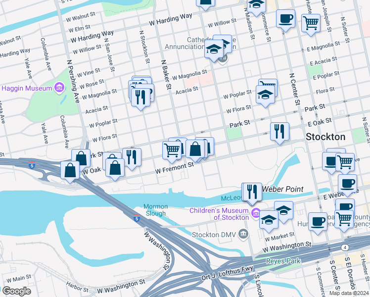 map of restaurants, bars, coffee shops, grocery stores, and more near 743 West Oak Street in Stockton