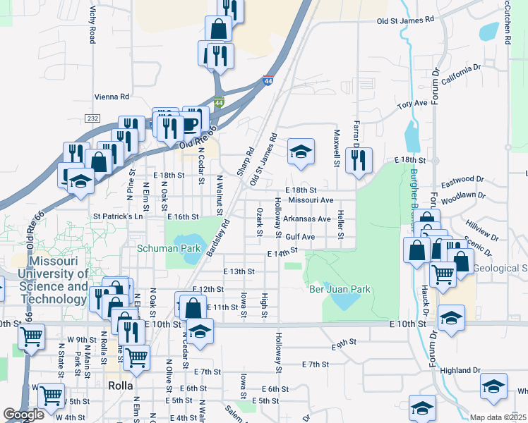 map of restaurants, bars, coffee shops, grocery stores, and more near 1604 Ozark Street in Rolla