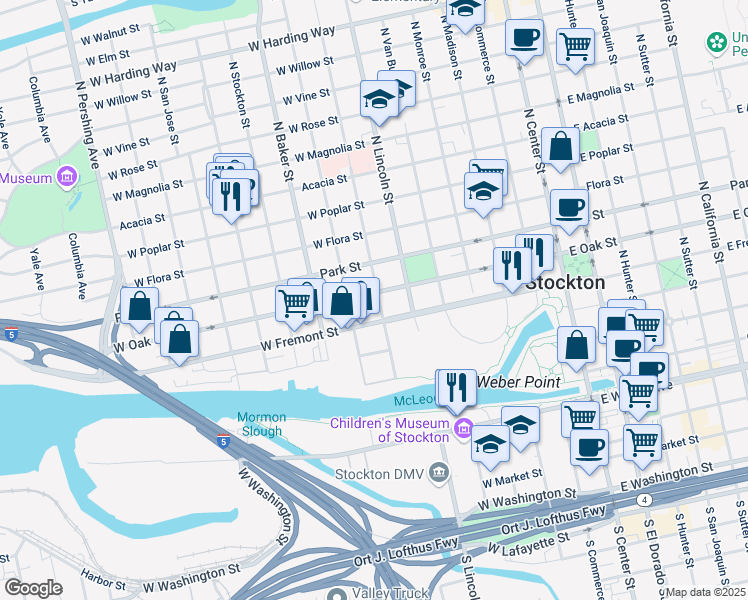 map of restaurants, bars, coffee shops, grocery stores, and more near 545 West Oak Street in Stockton