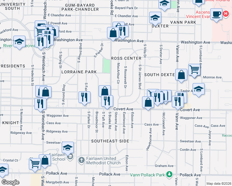 map of restaurants, bars, coffee shops, grocery stores, and more near 1408 Macarthur Drive in Evansville