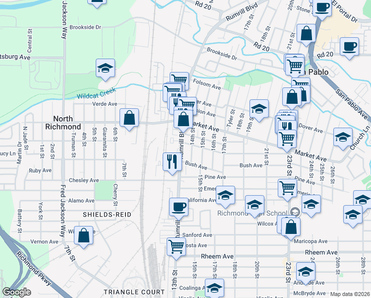 map of restaurants, bars, coffee shops, grocery stores, and more near 1646 Rumrill Boulevard in San Pablo