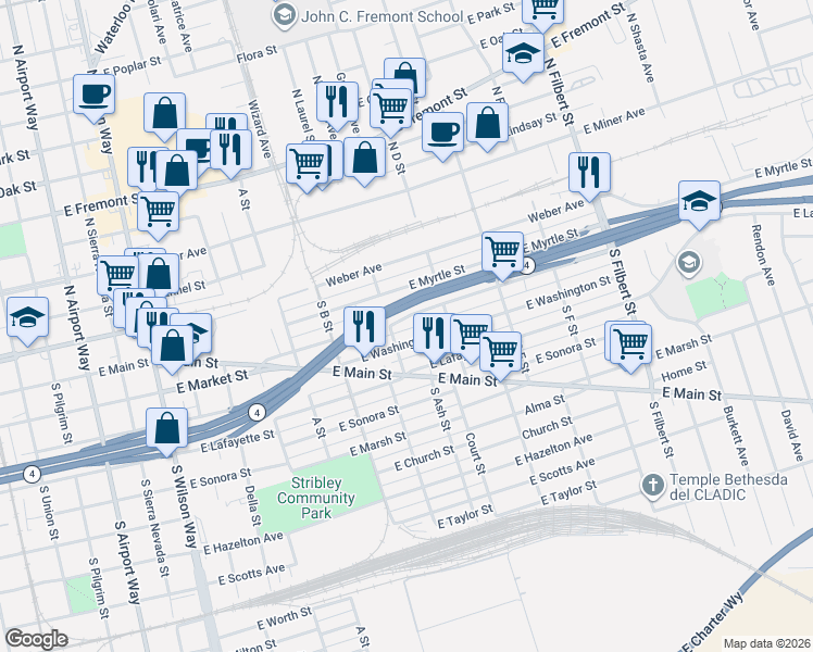 map of restaurants, bars, coffee shops, grocery stores, and more near 2140 East Market Street in Stockton