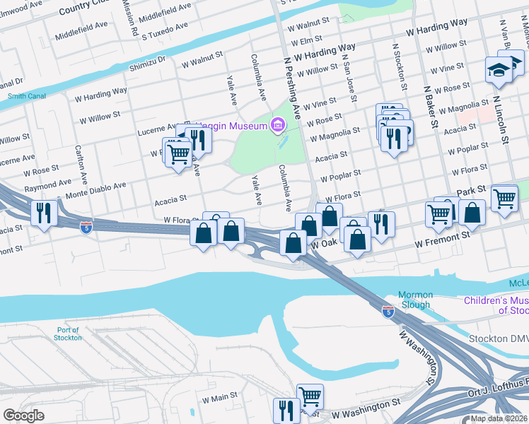 map of restaurants, bars, coffee shops, grocery stores, and more near 1525 West Flora Street in Stockton