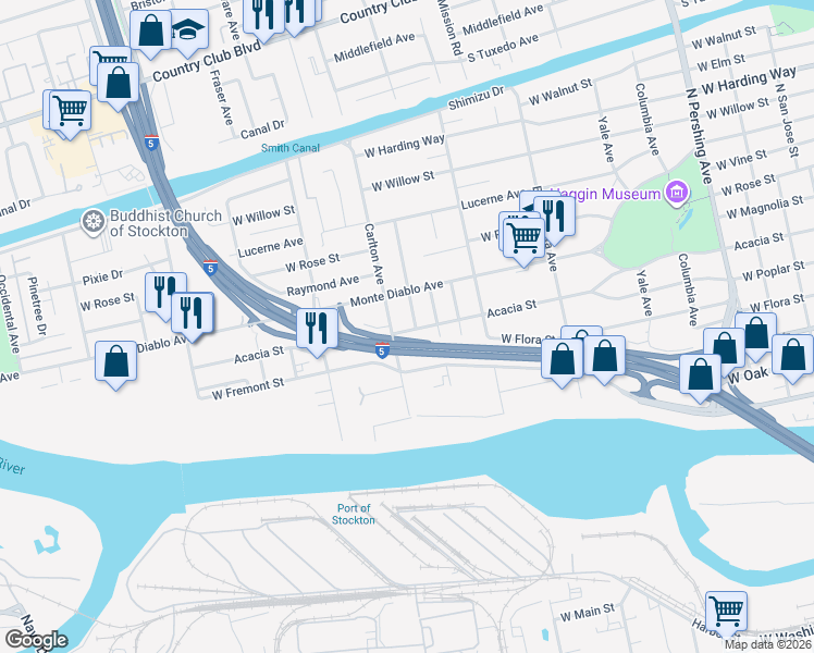 map of restaurants, bars, coffee shops, grocery stores, and more near 1039 Victoria Avenue in Stockton