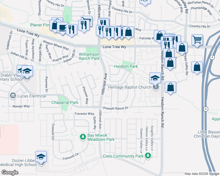 map of restaurants, bars, coffee shops, grocery stores, and more near in Antioch