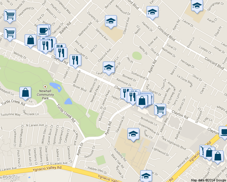 map of restaurants, bars, coffee shops, grocery stores, and more near 116 Saint James Parkway in Concord