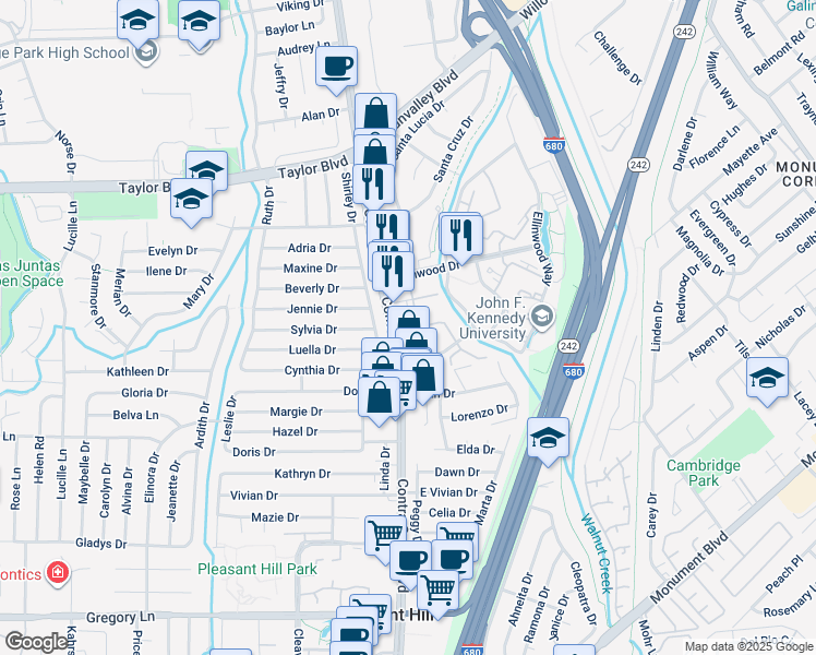 map of restaurants, bars, coffee shops, grocery stores, and more near 1400 Contra Costa Boulevard in Pleasant Hill
