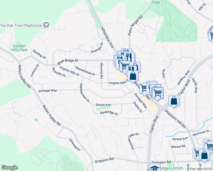 map of restaurants, bars, coffee shops, grocery stores, and more near 6661 Waverly Road in Martinez