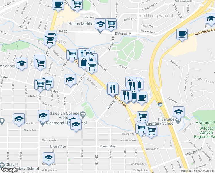 map of restaurants, bars, coffee shops, grocery stores, and more near 1000 Evergreen Terrace in San Pablo