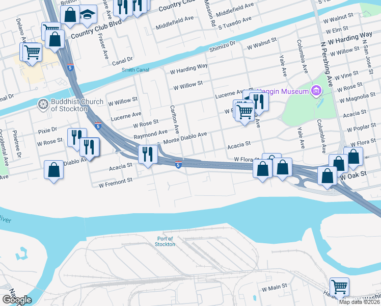 map of restaurants, bars, coffee shops, grocery stores, and more near 1039 Victoria Avenue in Stockton