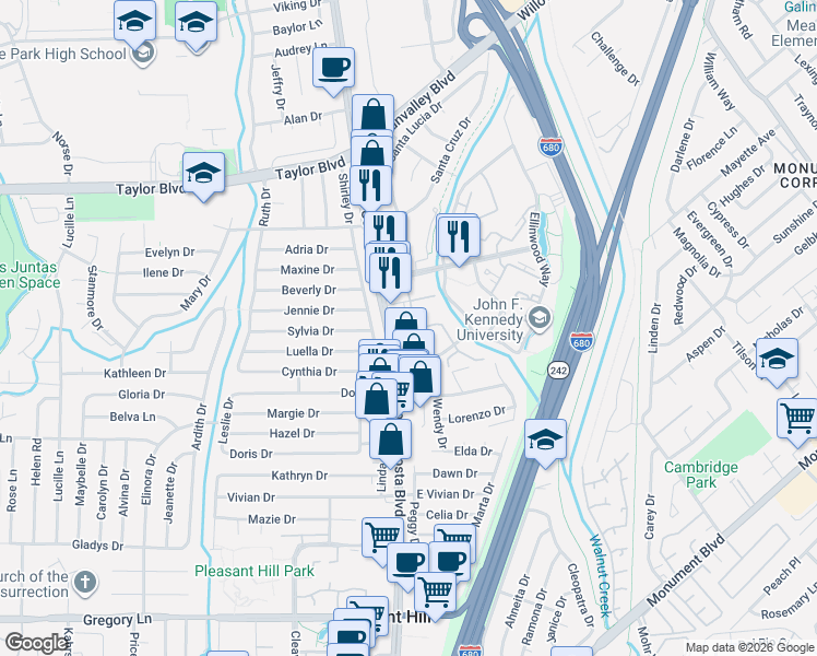 map of restaurants, bars, coffee shops, grocery stores, and more near 1460 Contra Costa Boulevard in Pleasant Hill