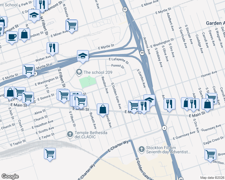 map of restaurants, bars, coffee shops, grocery stores, and more near 427 South Golden Gate Avenue in Stockton