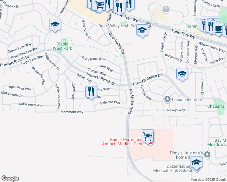 map of restaurants, bars, coffee shops, grocery stores, and more near 2520 Stanford Way in Antioch