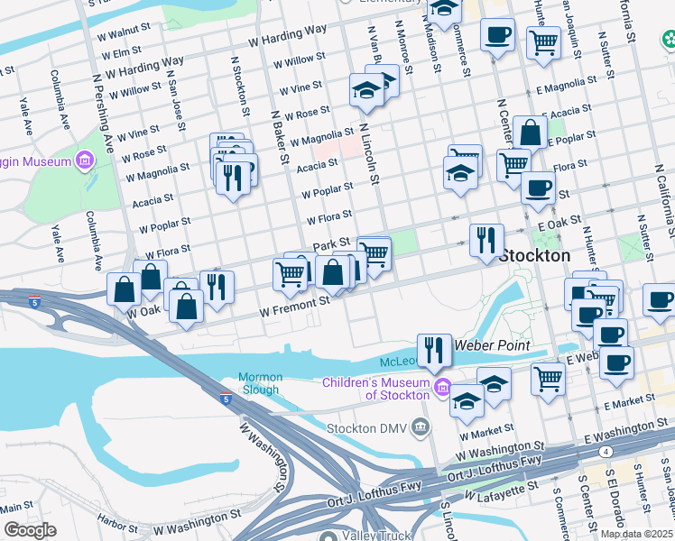map of restaurants, bars, coffee shops, grocery stores, and more near West Oak Street & North Edison Street in Stockton