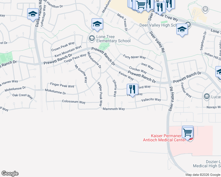 map of restaurants, bars, coffee shops, grocery stores, and more near 2629 Carson Way in Antioch