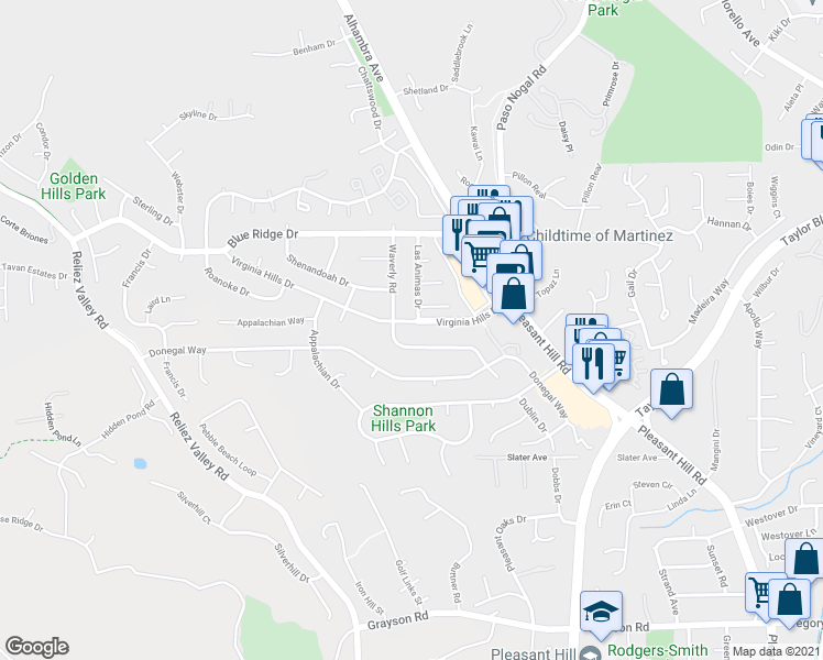 map of restaurants, bars, coffee shops, grocery stores, and more near 163 Virginia Hills Drive in Martinez