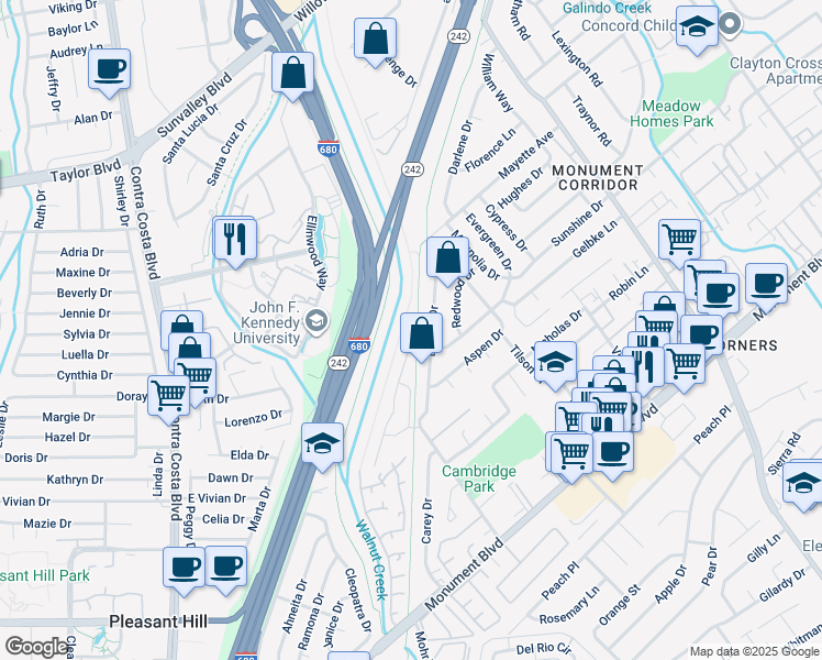map of restaurants, bars, coffee shops, grocery stores, and more near 1391 Brookview Drive in Concord
