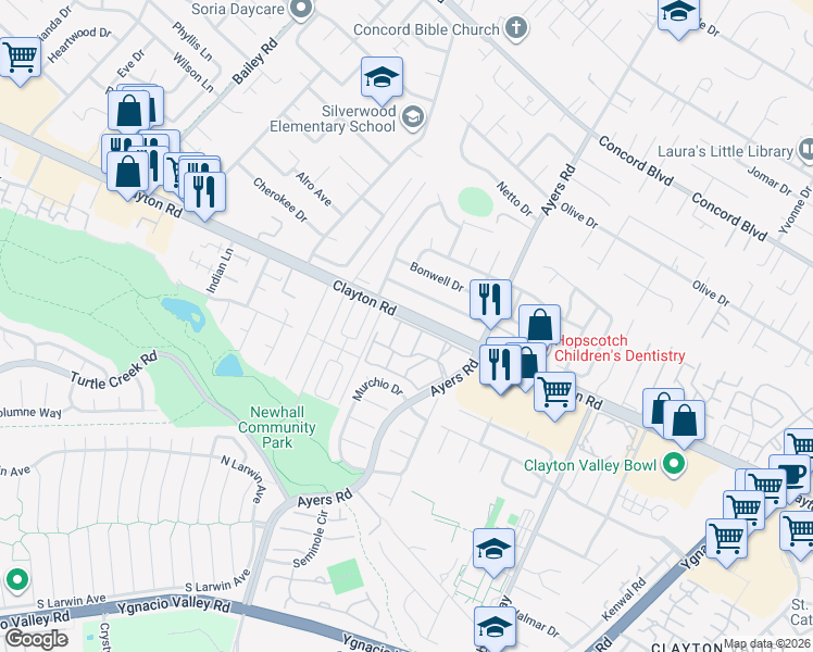 map of restaurants, bars, coffee shops, grocery stores, and more near 5035 Valley Crest Drive in Concord
