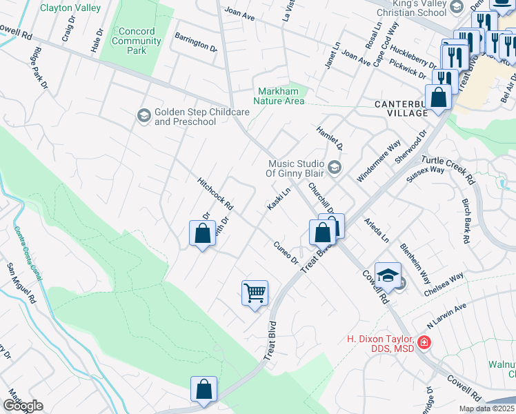 map of restaurants, bars, coffee shops, grocery stores, and more near 1167 Kaski Lane in Concord