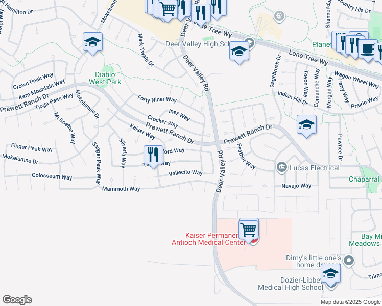 map of restaurants, bars, coffee shops, grocery stores, and more near 2520 Stanford Way in Antioch