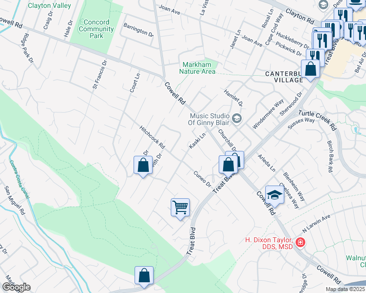 map of restaurants, bars, coffee shops, grocery stores, and more near 1167 Kaski Lane in Concord