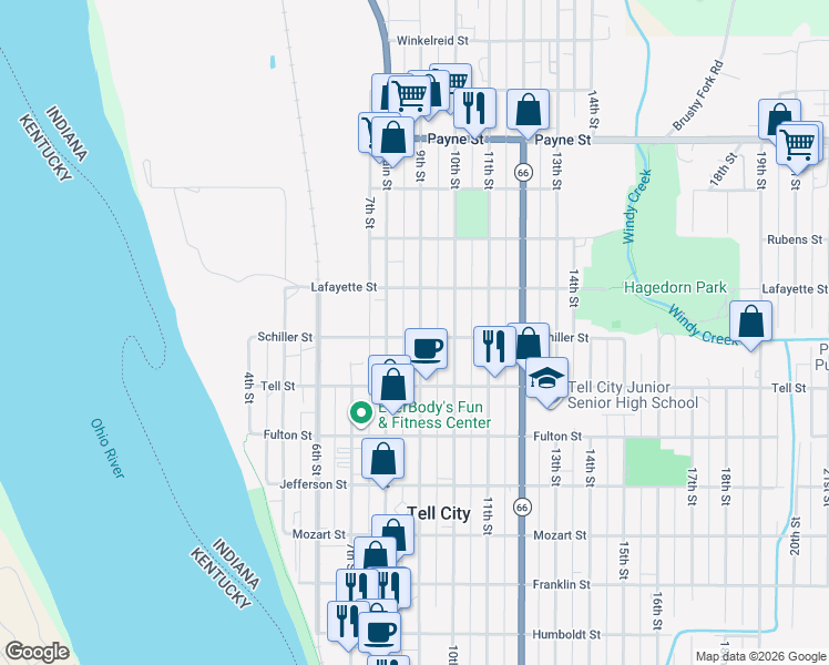 map of restaurants, bars, coffee shops, grocery stores, and more near 1101 9th Street in Tell City