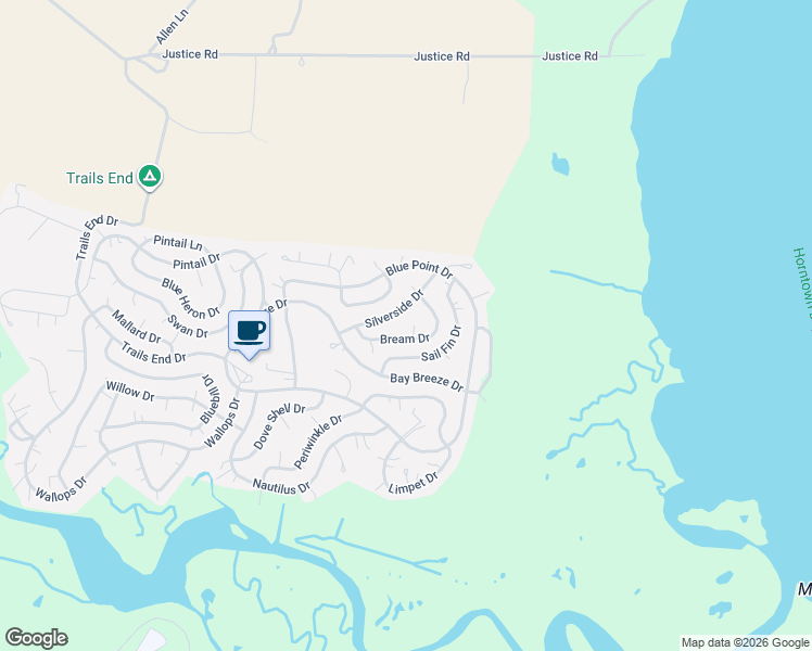 map of restaurants, bars, coffee shops, grocery stores, and more near 5039 Silverside Drive in Horntown