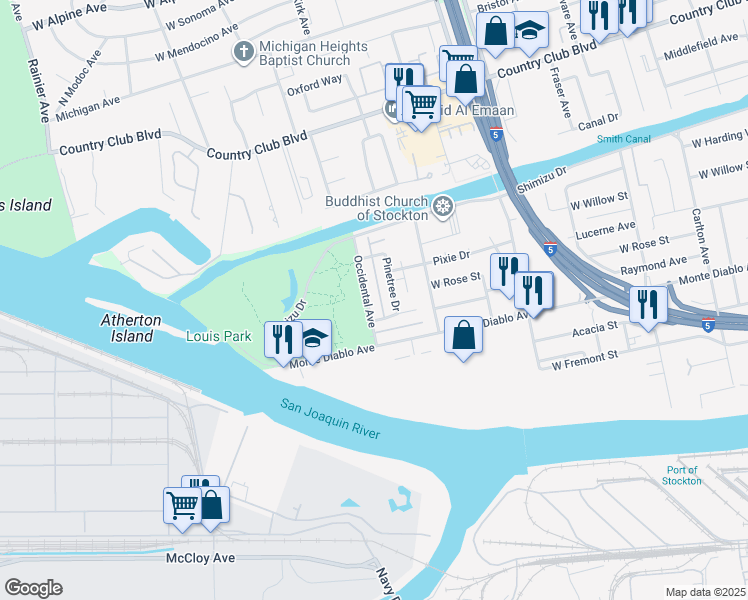 map of restaurants, bars, coffee shops, grocery stores, and more near 1228 Occidental Avenue in Stockton