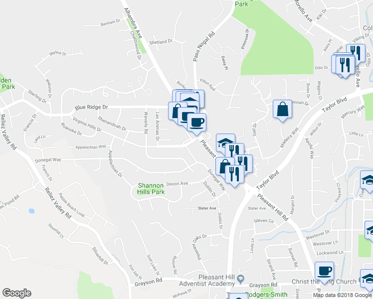 map of restaurants, bars, coffee shops, grocery stores, and more near 111 Virginia Hills Drive in Martinez