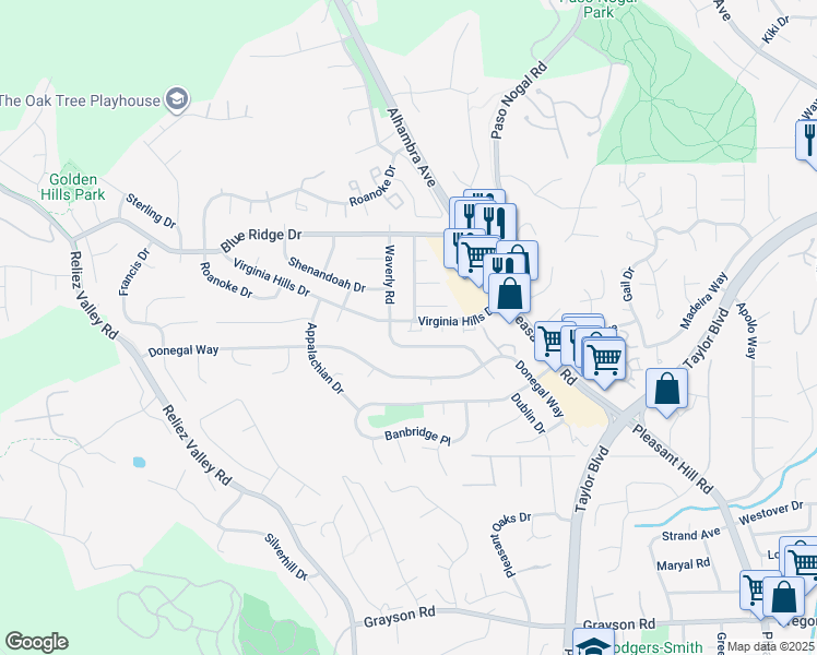 map of restaurants, bars, coffee shops, grocery stores, and more near 163 Virginia Hills Drive in Martinez