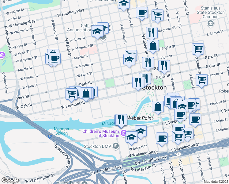 map of restaurants, bars, coffee shops, grocery stores, and more near 521 North Van Buren Street in Stockton